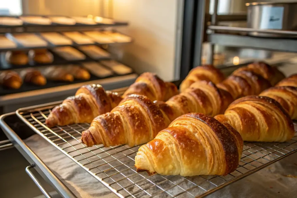 Freshly baked croissants cooling on a wire rack with visible butter layers.