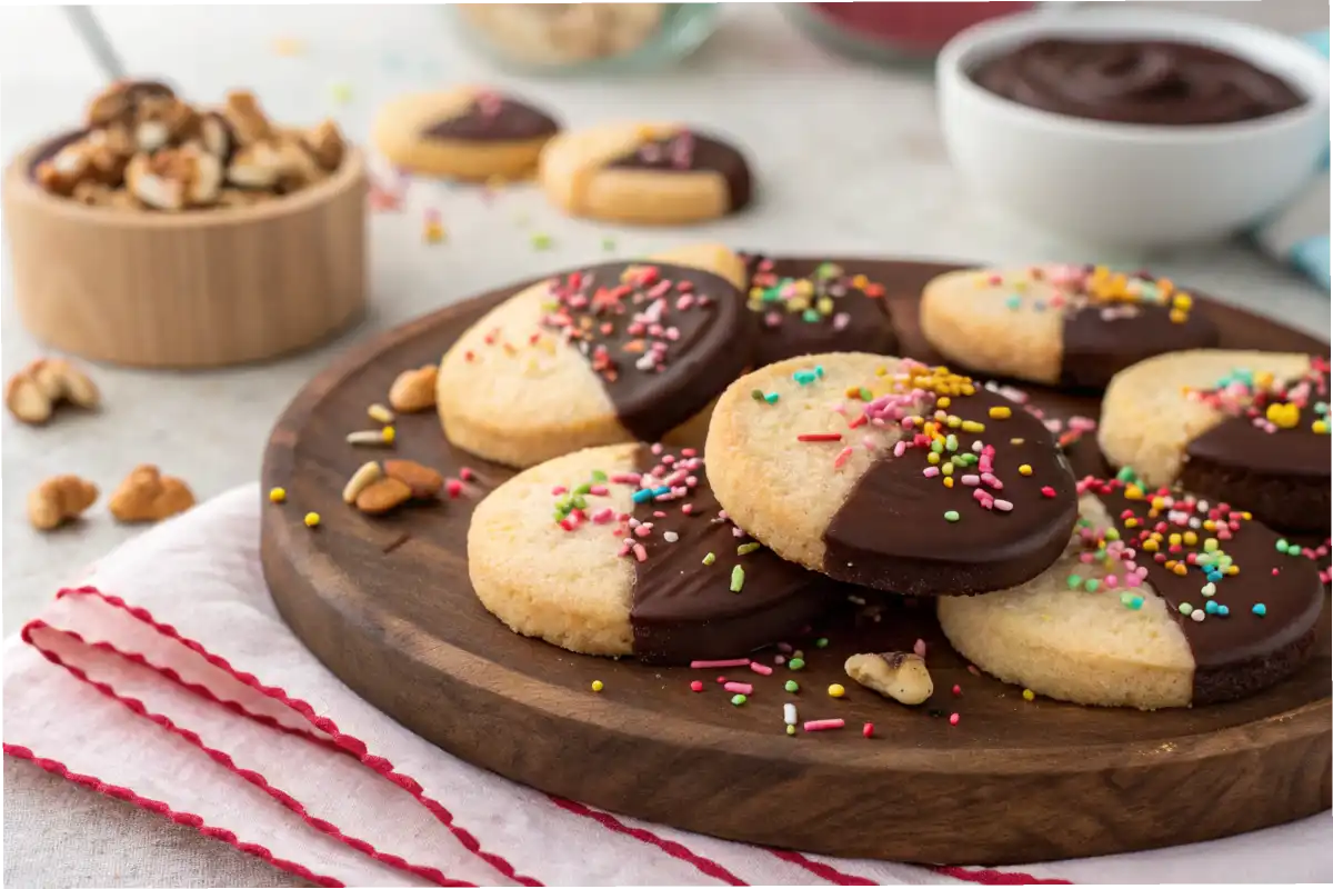 Chocolate dipped shortbread cookies with sprinkles and nuts