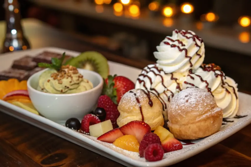 Frozen cream puffs served with fruit, chocolate drizzle, and whipped cream.