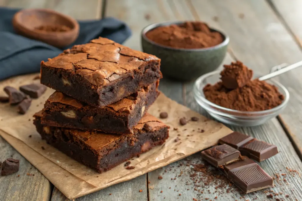 Stack of chewy brownies with crackly top on a wooden table.