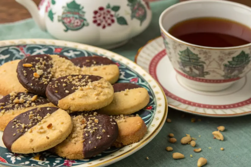 Chocolate-dipped shortbread cookies with crushed nuts