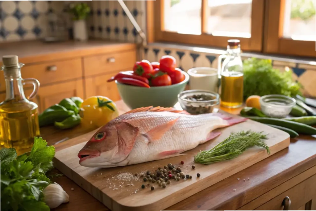 Raw rockfish with fresh vegetables and seasonings