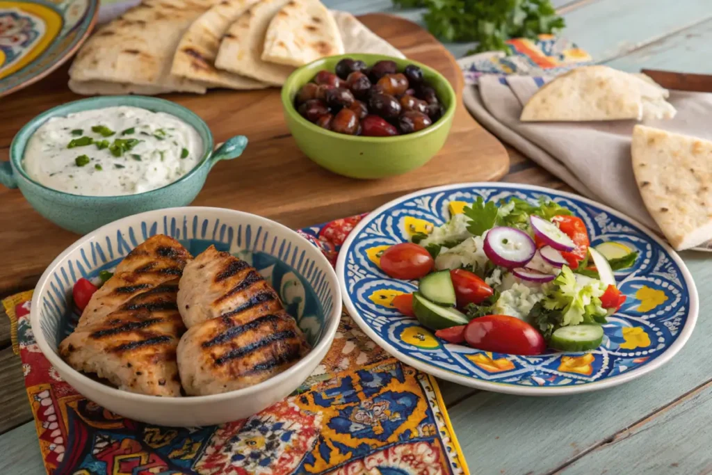 Grilled Mediterranean chicken thighs served with tzatziki, pita, and Greek salad.