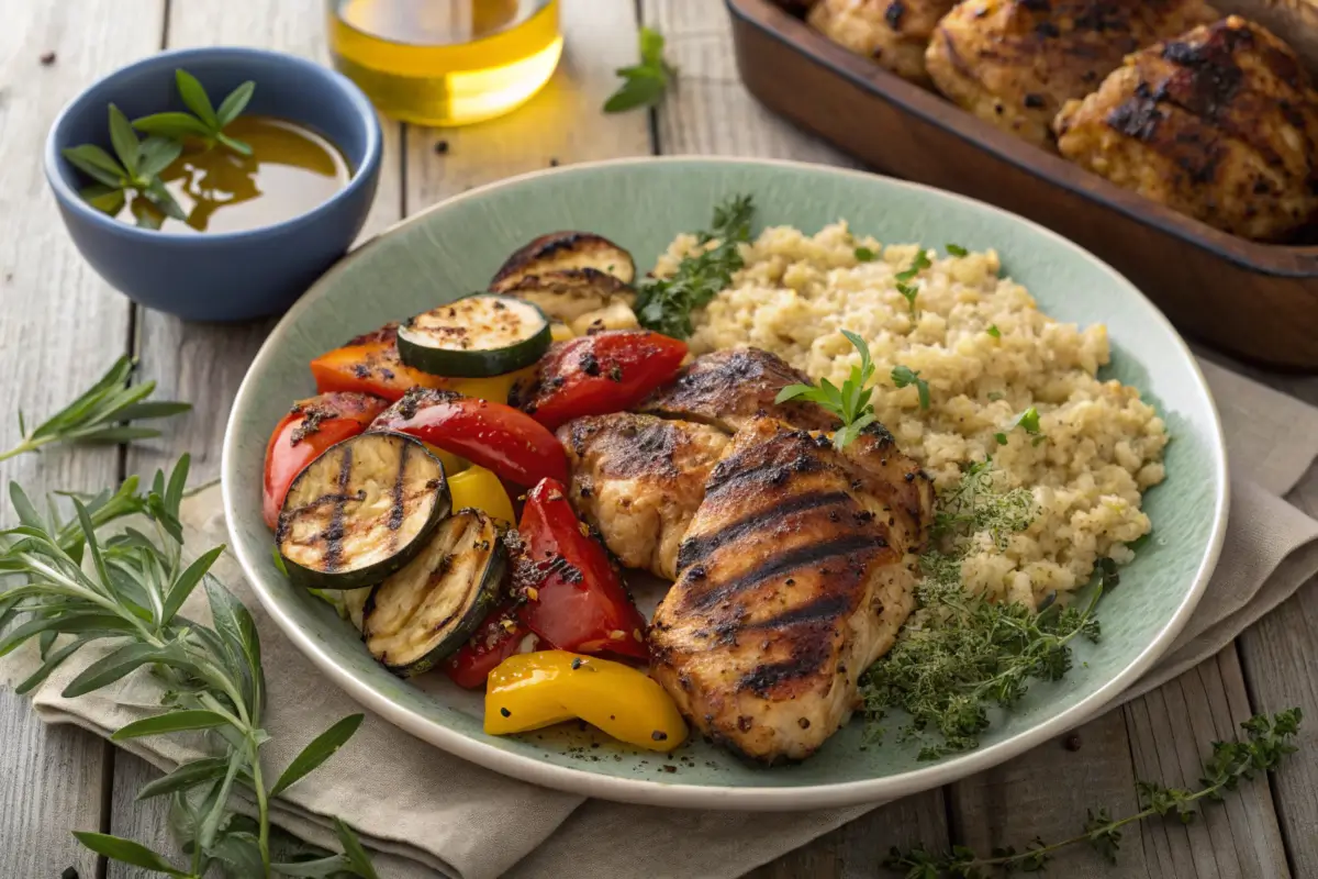 Grilled Mediterranean chicken thighs with vegetables