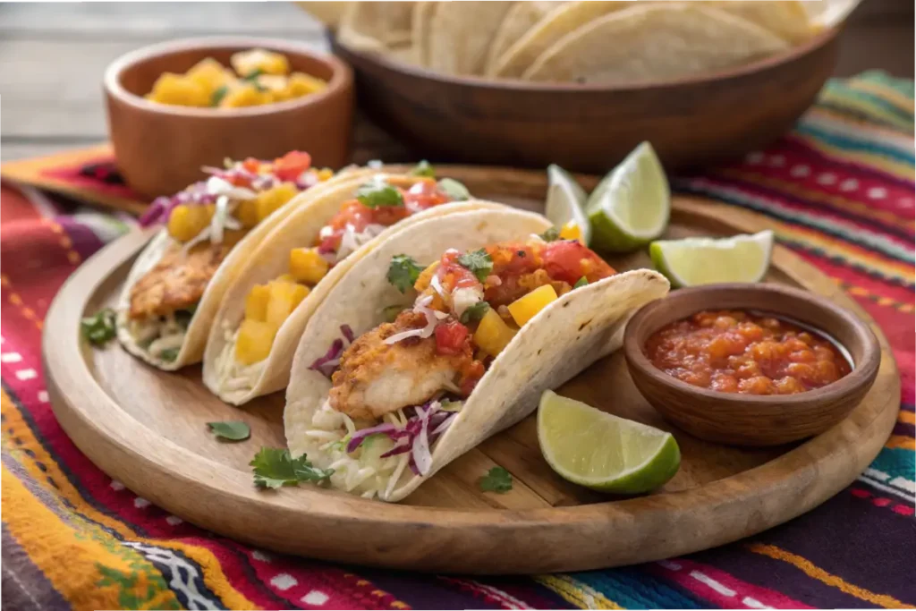 Rockfish tacos with mango salsa and shredded cabbage.