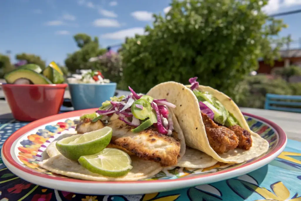 Rockfish tacos with crispy skin and fresh toppings.