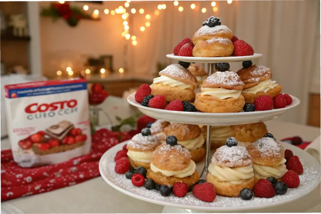 A beautiful platter of cream puffs with berries and powdered sugar in a festive kitchen