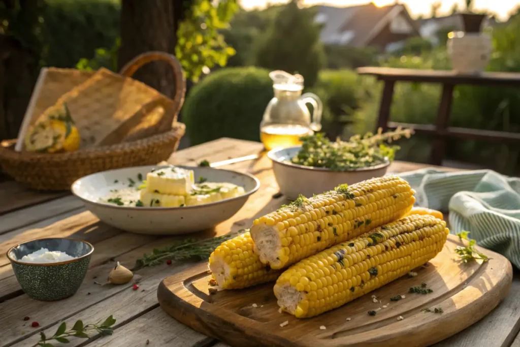 Freshly cooked corn on the cob with butter and herbs on a rustic table