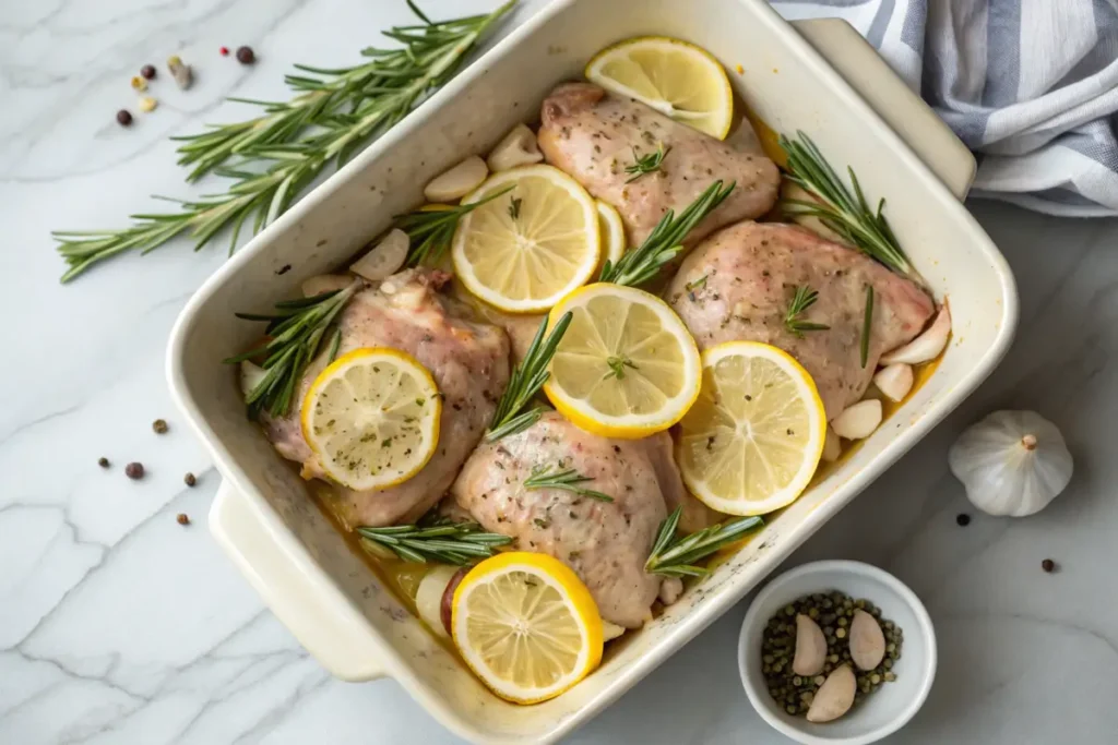 Marinated Mediterranean chicken thighs with lemon and rosemary in a baking dish.