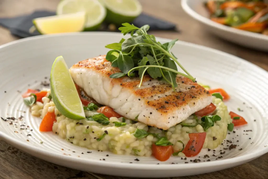 A plated dish featuring a grilled fish fillet served on a bed of creamy risotto with fresh herbs, diced tomatoes, and lime wedges for garnish.