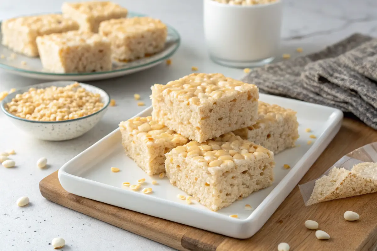 Homemade Rice Krispies Treats cut into squares and served on a white plate, surrounded by crispy cereal and a glass of milk in the background.