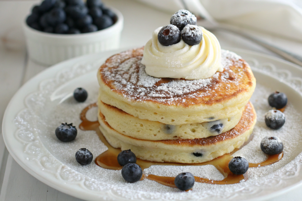 Stack of fluffy blueberry pancakes topped with whipped cream, fresh blueberries, and powdered sugar, drizzled with maple syrup on a white plate.