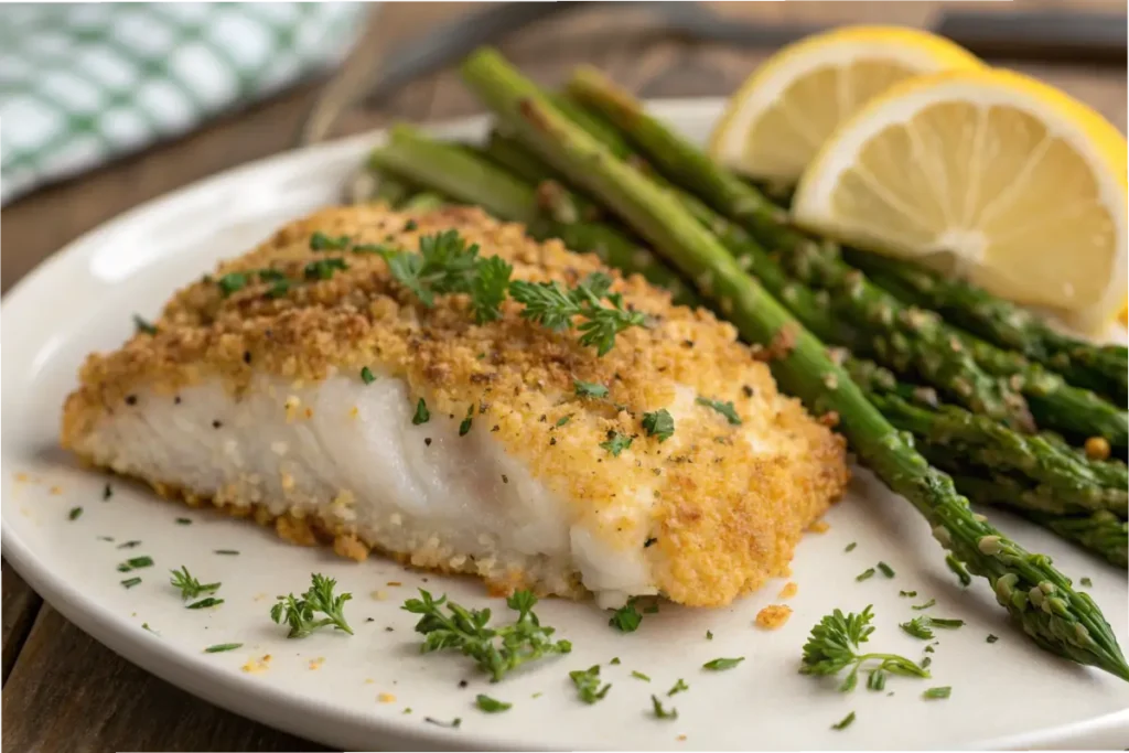 Crunchy baked rockfish fillet with lemon and parsley.