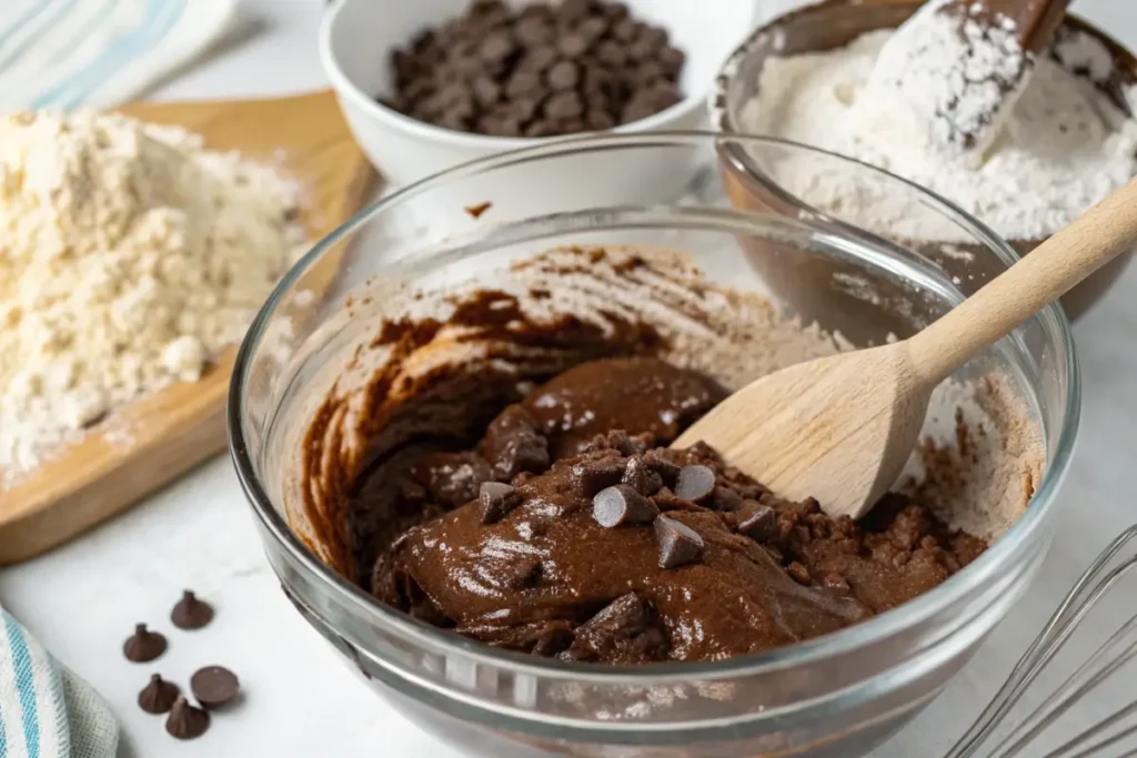 Brownie batter being folded in a mixing bowl with a wooden spoon.