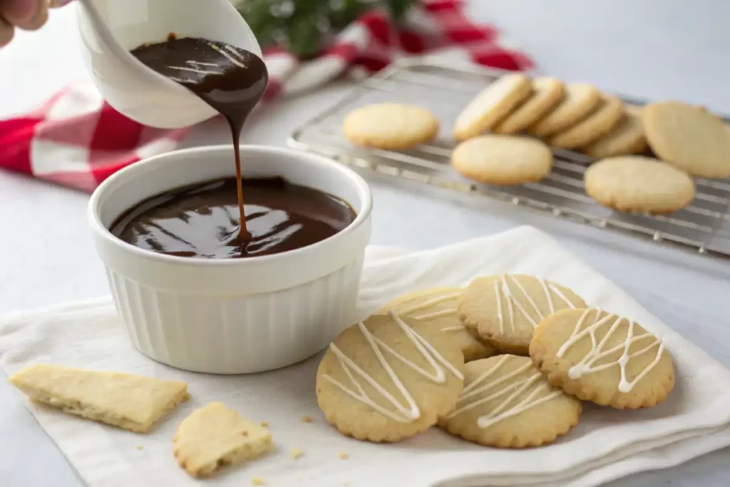 Dipping shortbread cookies into melted chocolate