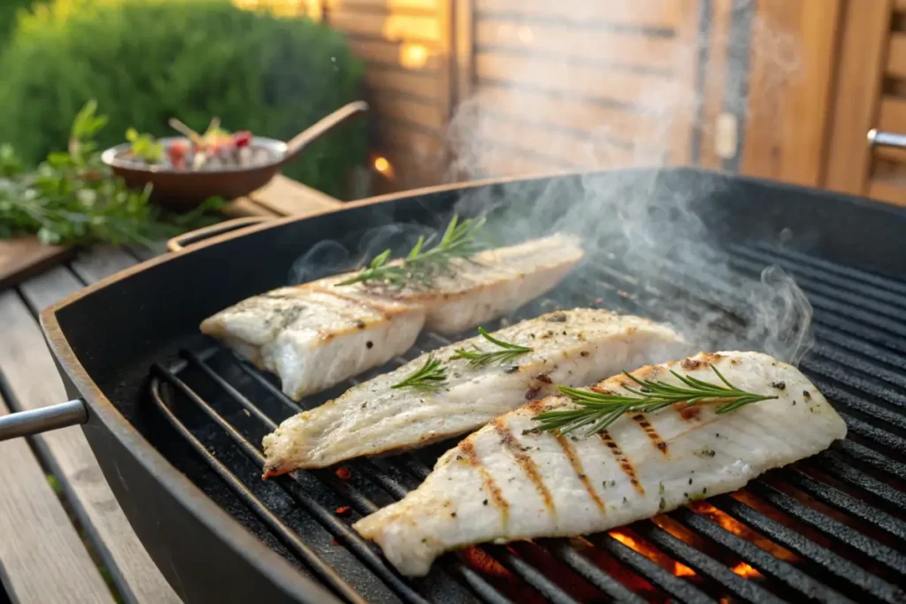 Grilled rockfish fillets on a barbecue grill