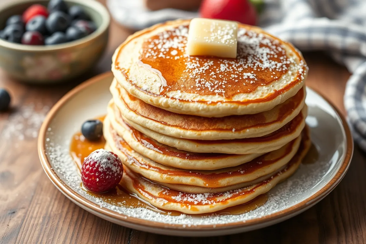 A stack of fluffy pancakes topped with a pat of butter, drizzled with syrup, and garnished with powdered sugar, raspberries, and blueberries, served on a plate.