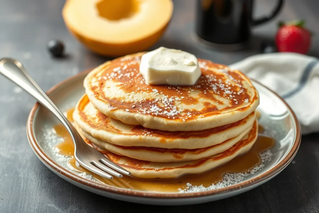 A stack of golden fluffy pancakes topped with a dollop of butter and drizzled with syrup, served on a ceramic plate with a fork beside it.