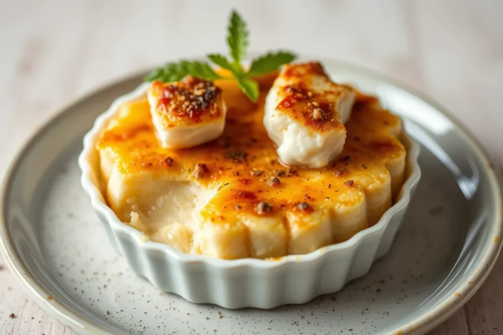 Close-up of a savory crab brûlée served in a white ramekin, topped with caramelized sugar and garnished with a fresh mint sprig.