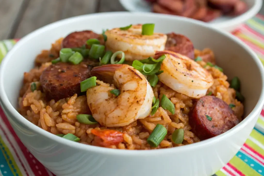 Spicy Cajun red rice with shrimp and sausage in a bowl.