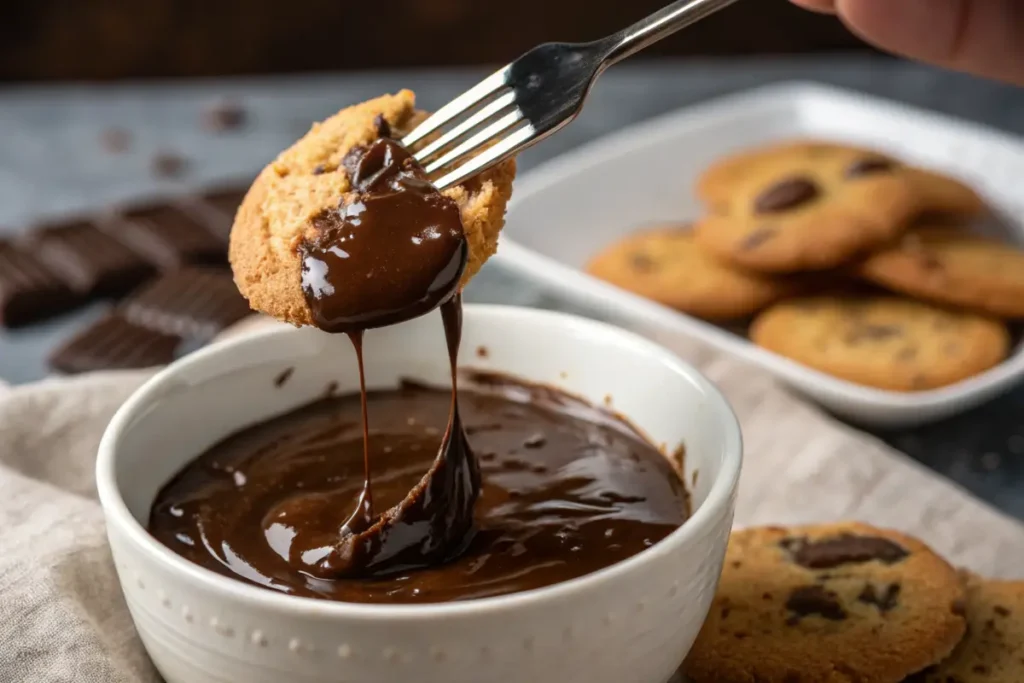 Cookie being dipped into a bowl of tempered chocolate with a fork.