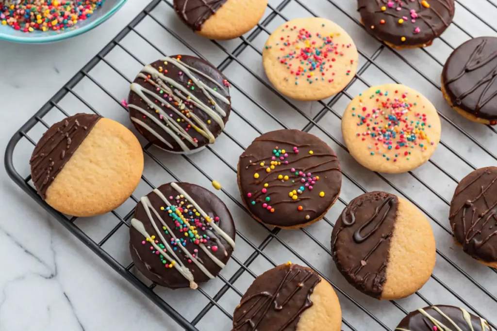 An assortment of chocolate-dipped cookies on a cooling rack with decorative toppings.