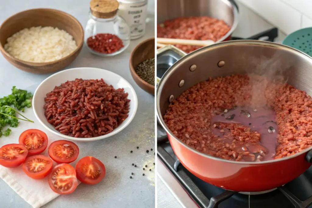 Step-by-step preparation of red rice: washing, cooking, and serving.