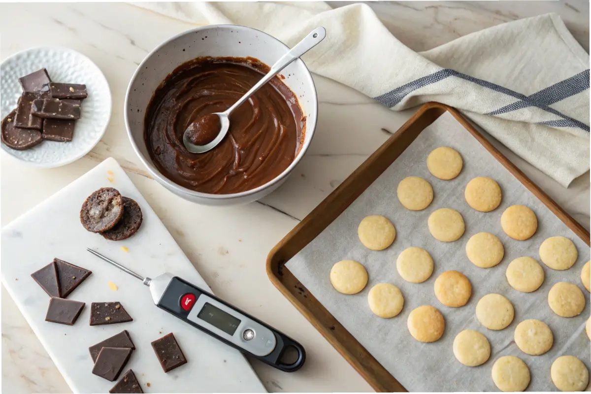 Kitchen countertop setup for tempering chocolate with dipped cookies cooling on parchment paper.