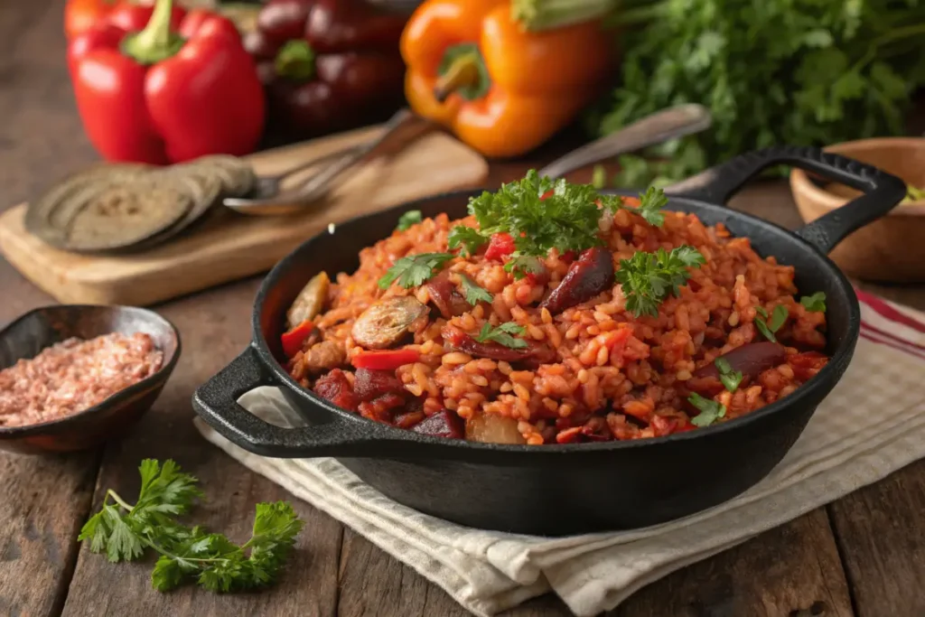 Charleston-style red rice served in a cast-iron skillet with vegetables.