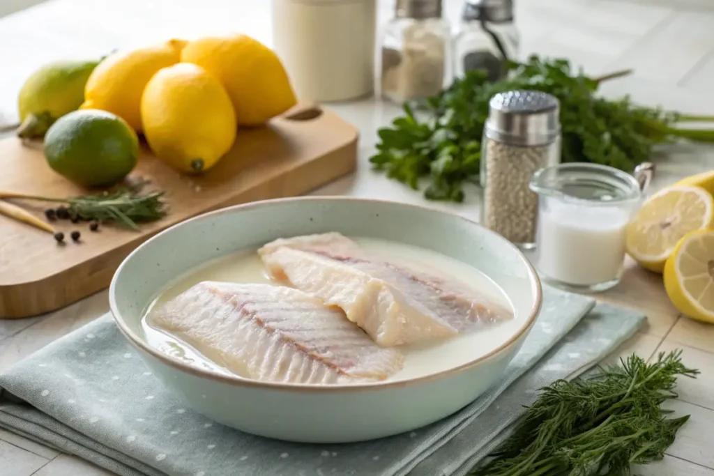  Rockfish fillets soaking in milk with kitchen ingredients