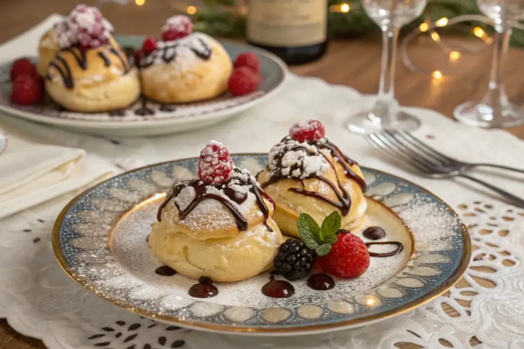 Thawed cream puffs with chocolate drizzle and berries.