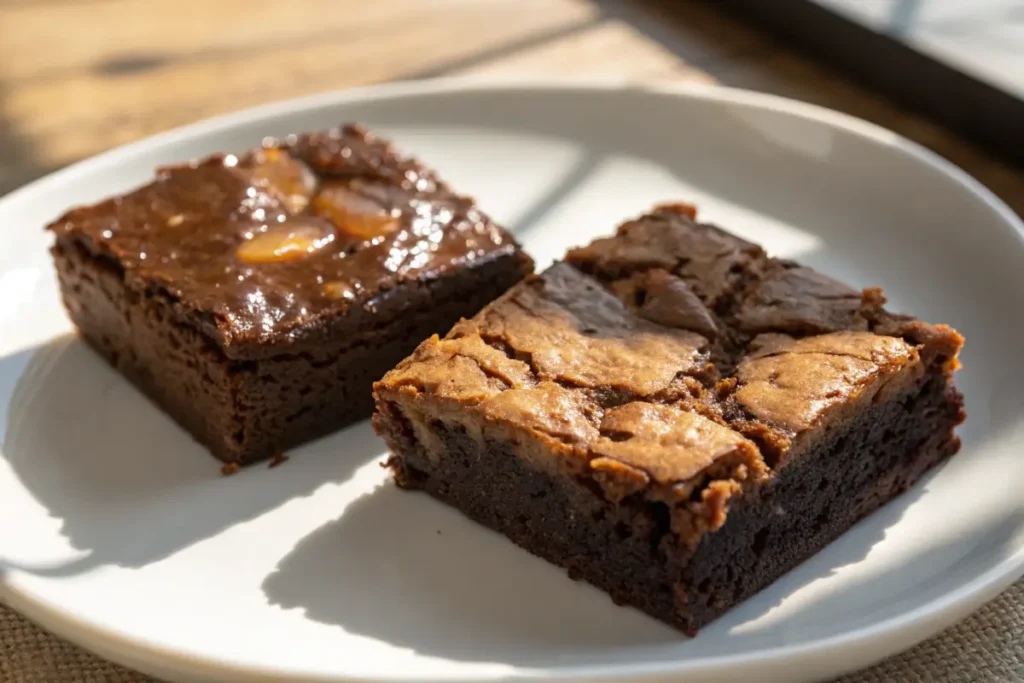 Fudgy and chewy brownies side by side on a plate.