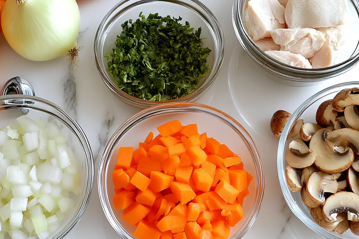 A variety of fresh ingredients in glass bowls, including chopped onions, carrots, mushrooms, parsley, and raw chicken, displayed on a white kitchen countertop.