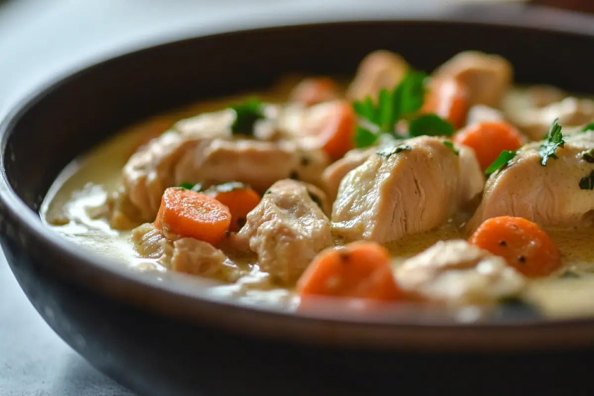 A close-up view of a simmering chicken fricassee with tender chicken pieces, sliced carrots, and a creamy sauce garnished with parsley.