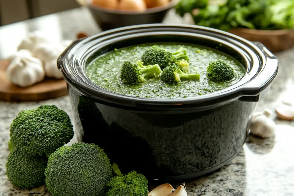 A black slow cooker filled with creamy green broccoli soup, garnished with fresh broccoli florets, surrounded by raw broccoli and garlic on a kitchen counter.