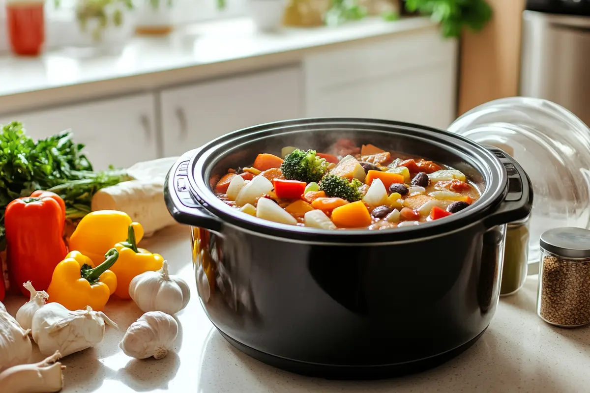 A black slow cooker filled with colorful vegetable stew, surrounded by fresh vegetables like bell peppers, garlic, and parsley on a kitchen counter.