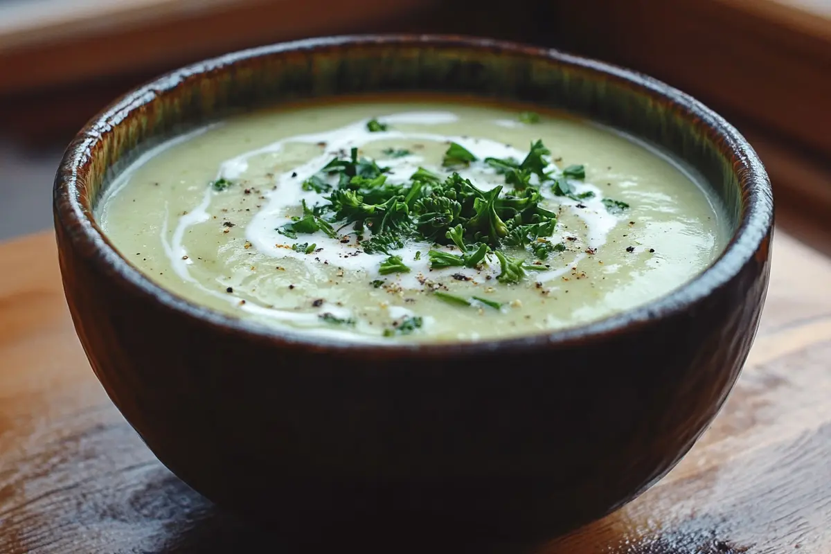 A bowl of creamy broccoli soup garnished with fresh parsley, drizzled with cream, and topped with black pepper.
