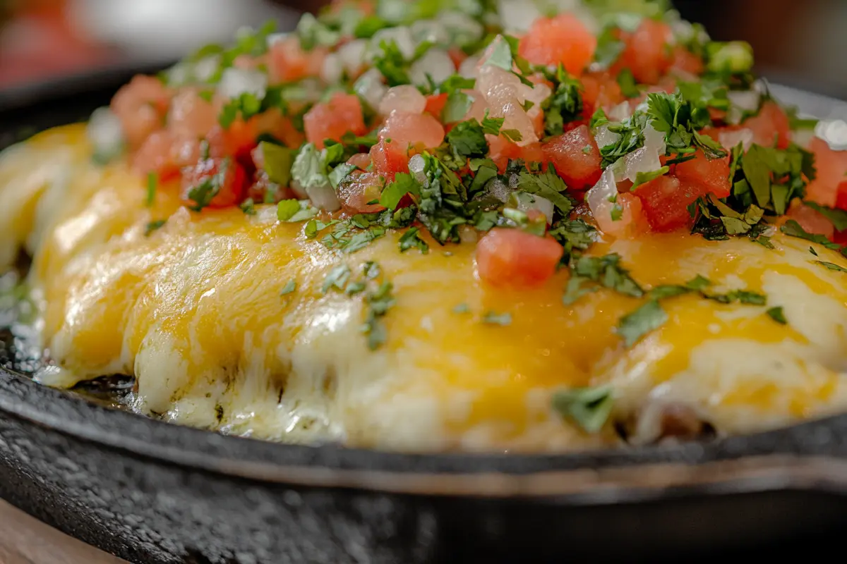 Close-up of a sizzling plate of fries topped with melted yellow cheese, fresh pico de gallo, and chopped cilantro.