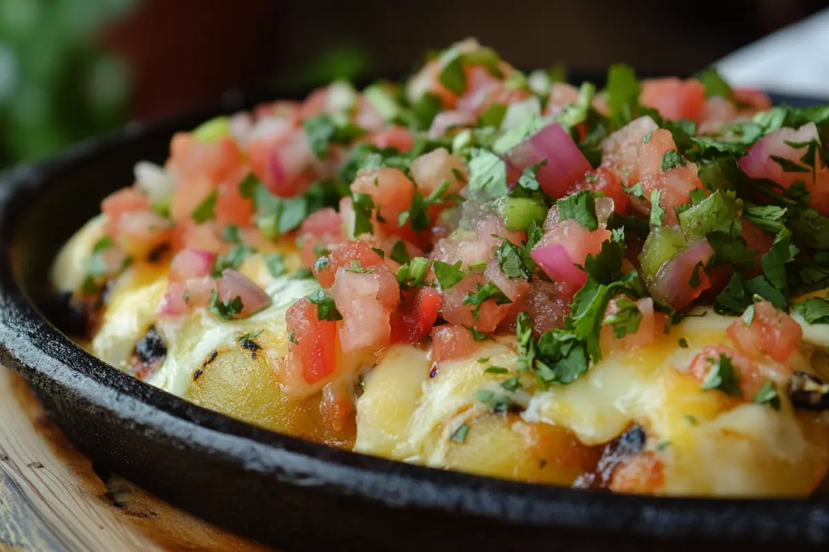 A sizzling plate of papas locas topped with melted cheese, fresh pico de gallo, and chopped cilantro.