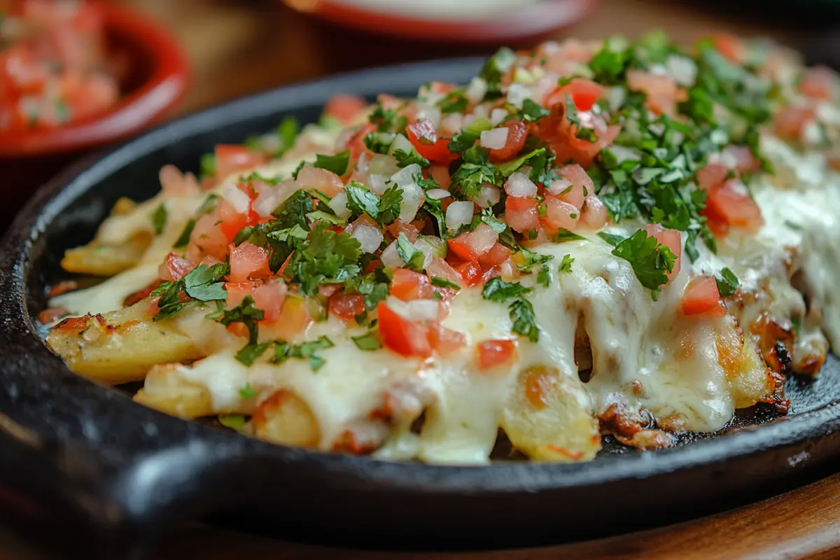 A sizzling plate of loaded fries topped with melted cheese, fresh pico de gallo, and chopped cilantro.