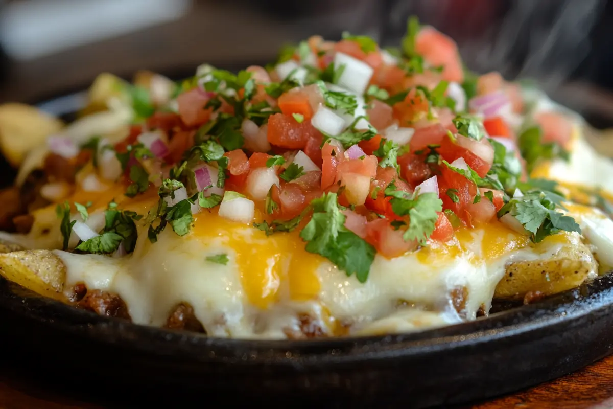A sizzling plate of papas locas topped with melted cheese, fresh pico de gallo, and cilantro.