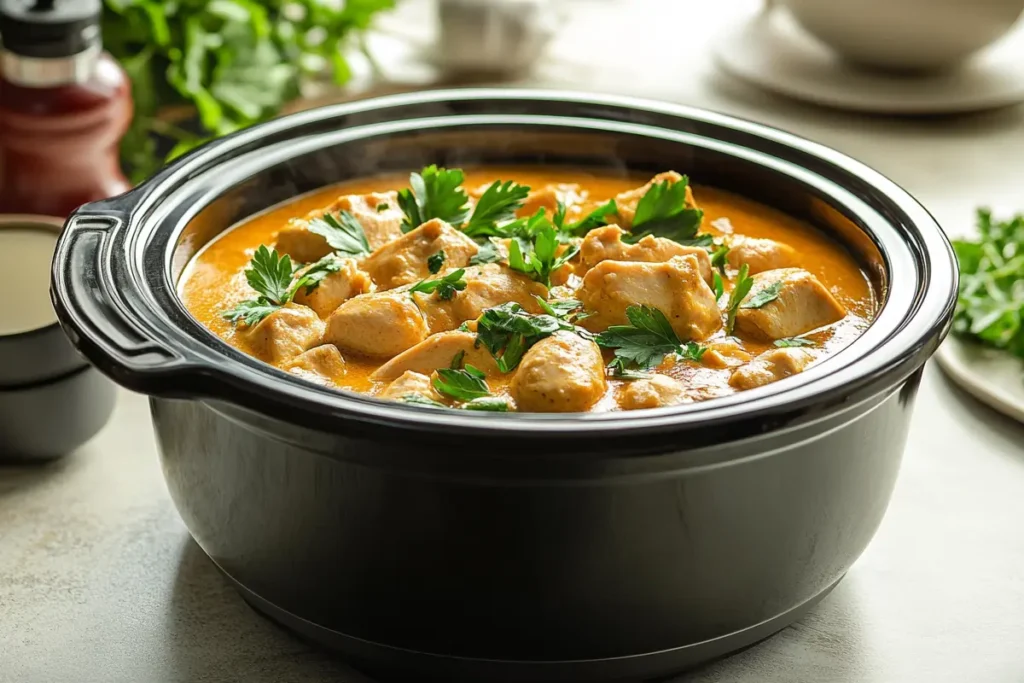A black slow cooker filled with creamy chicken stew, garnished with fresh parsley, sitting on a kitchen counter.