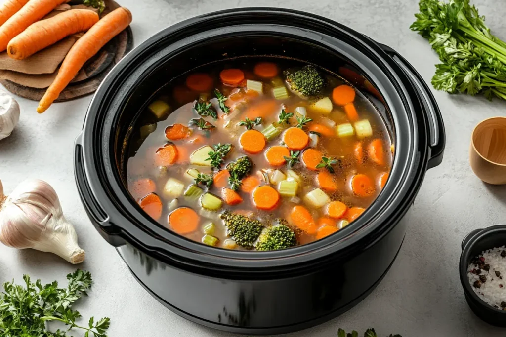 A black slow cooker filled with vegetable soup, including carrots, celery, broccoli, and garnished with fresh herbs, sitting on a kitchen countertop.