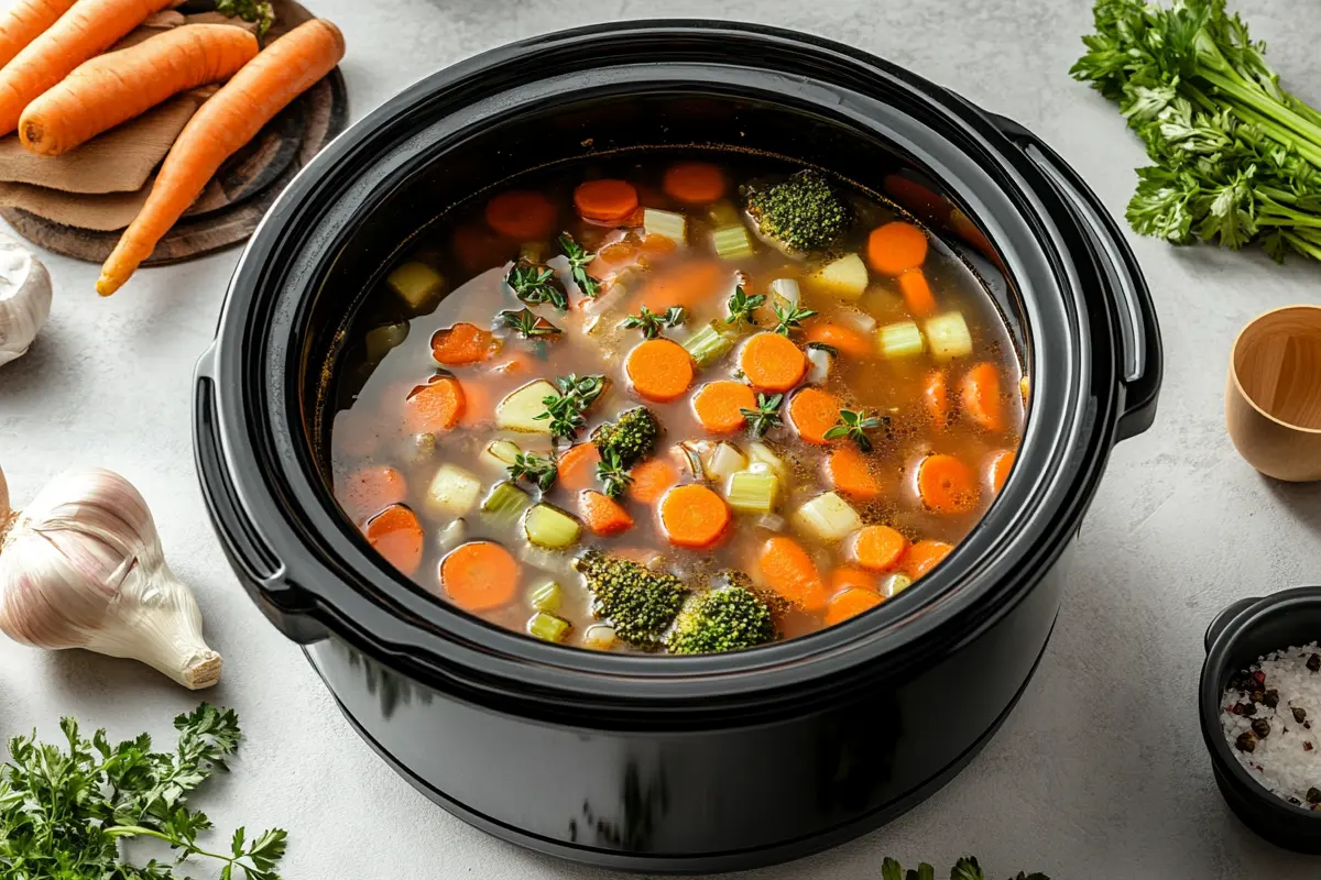 A black slow cooker filled with vegetable soup, including carrots, celery, broccoli, and garnished with fresh herbs, sitting on a kitchen countertop.
