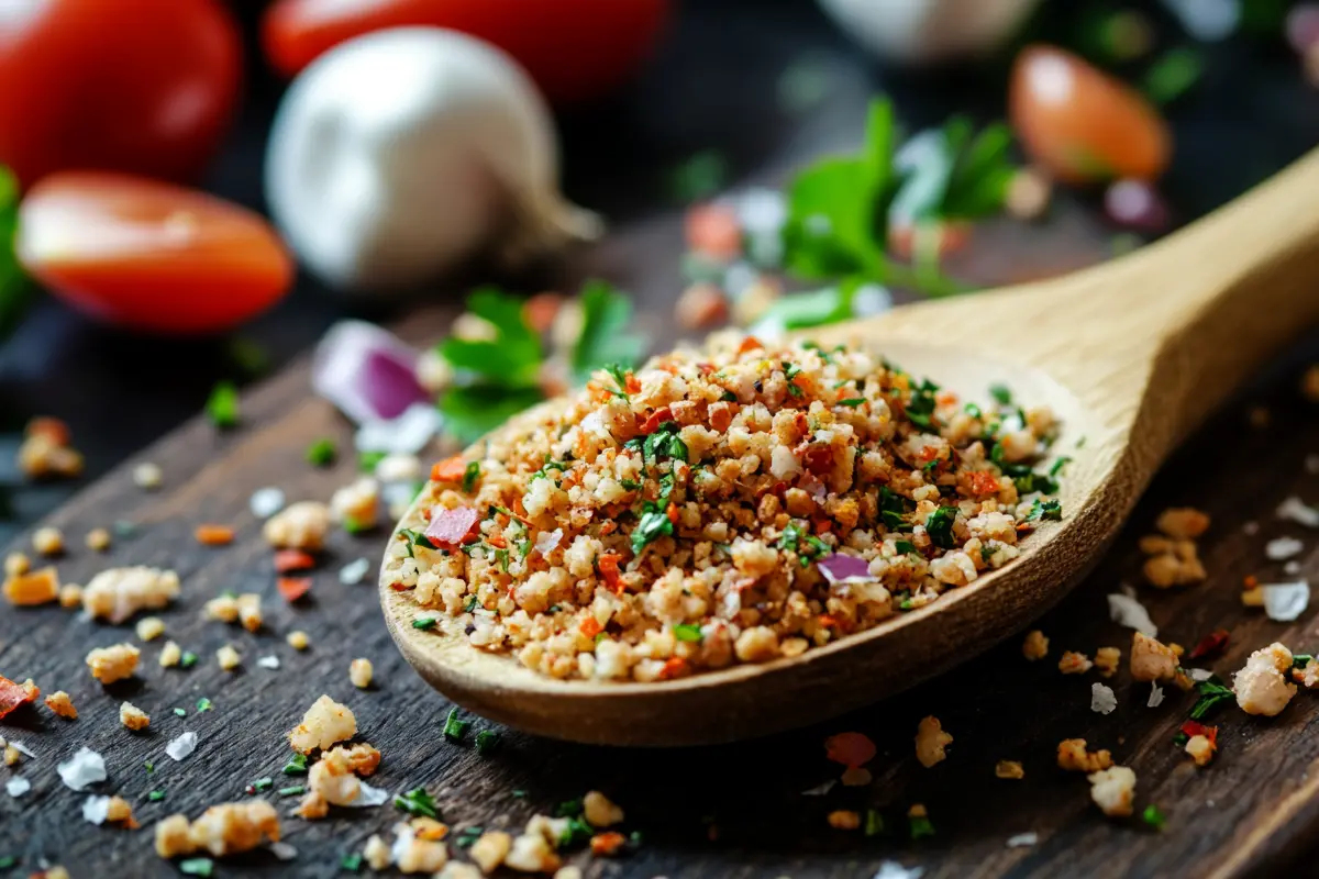 A wooden spoon filled with a seasoned breadcrumb mixture, dotted with chopped herbs and small vegetable pieces, resting on a rustic wooden surface