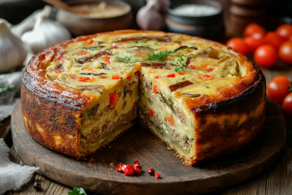 A savory Fricassee Cake with a golden crust, sliced to reveal a rich filling of vegetables and meat, garnished with fresh herbs.