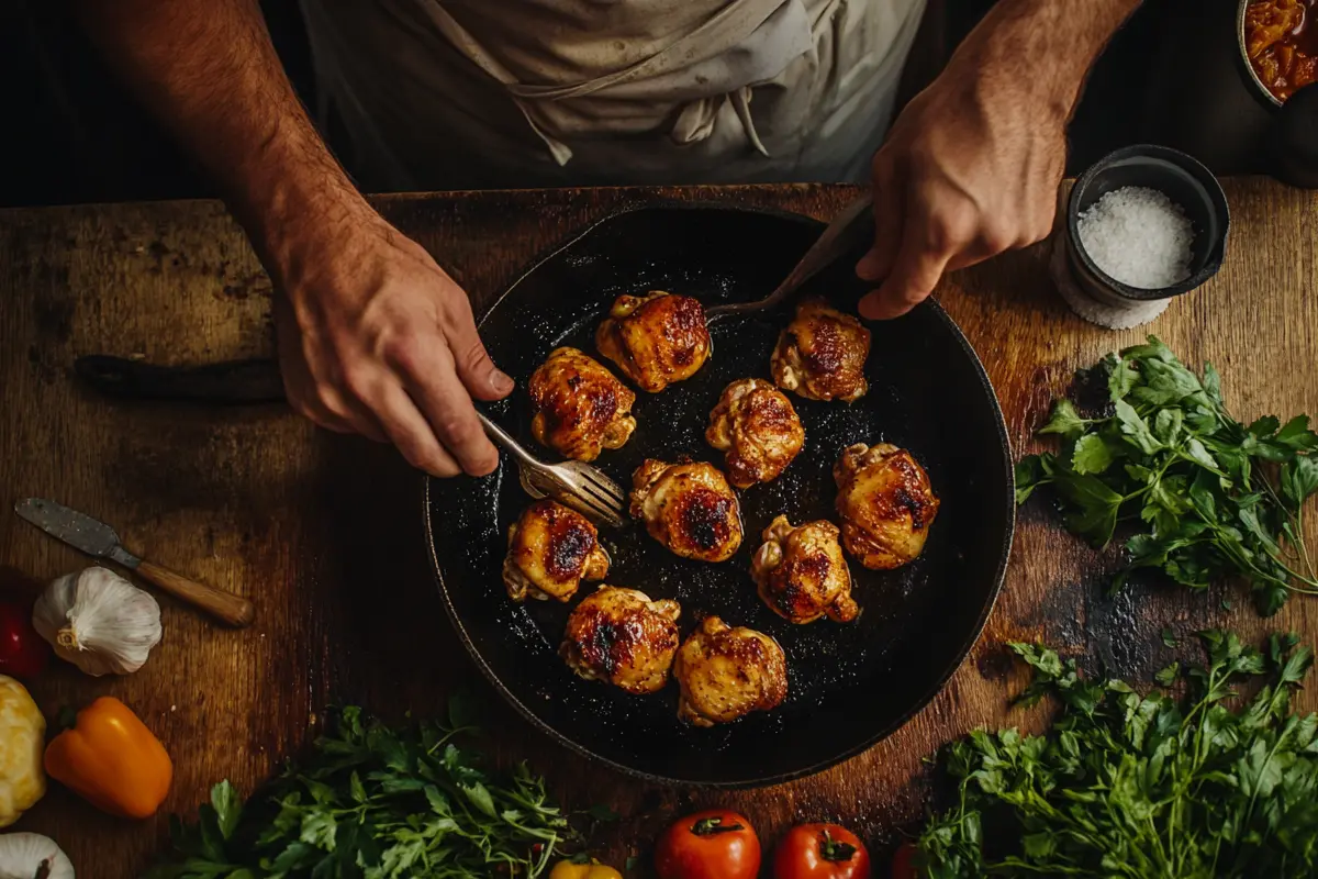A chef's hands using forks to handle browned chicken pieces in a skillet, surrounded by fresh vegetables and herbs.