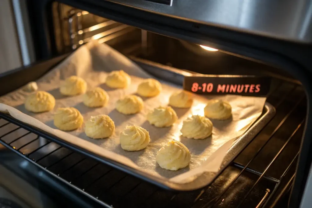  Frozen cream puffs warming in the oven at 300°F