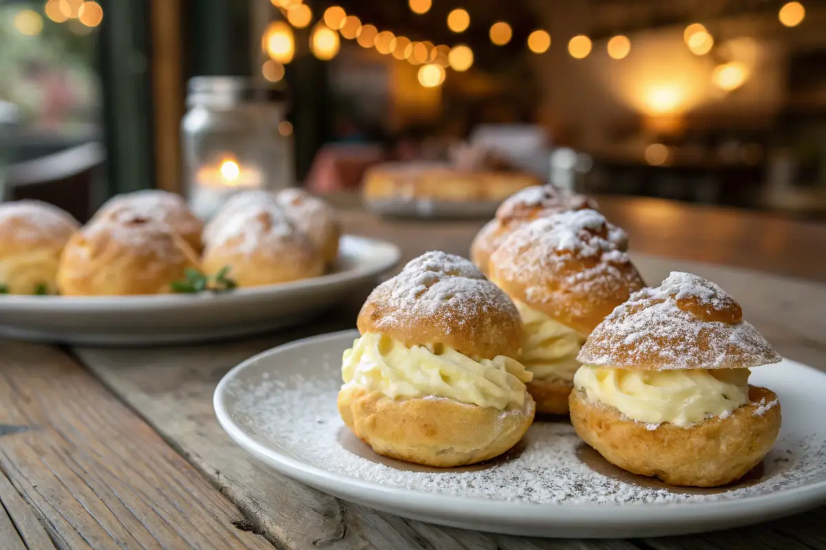 Freshly baked Frozen Cream Puffs on a rustic wooden table.