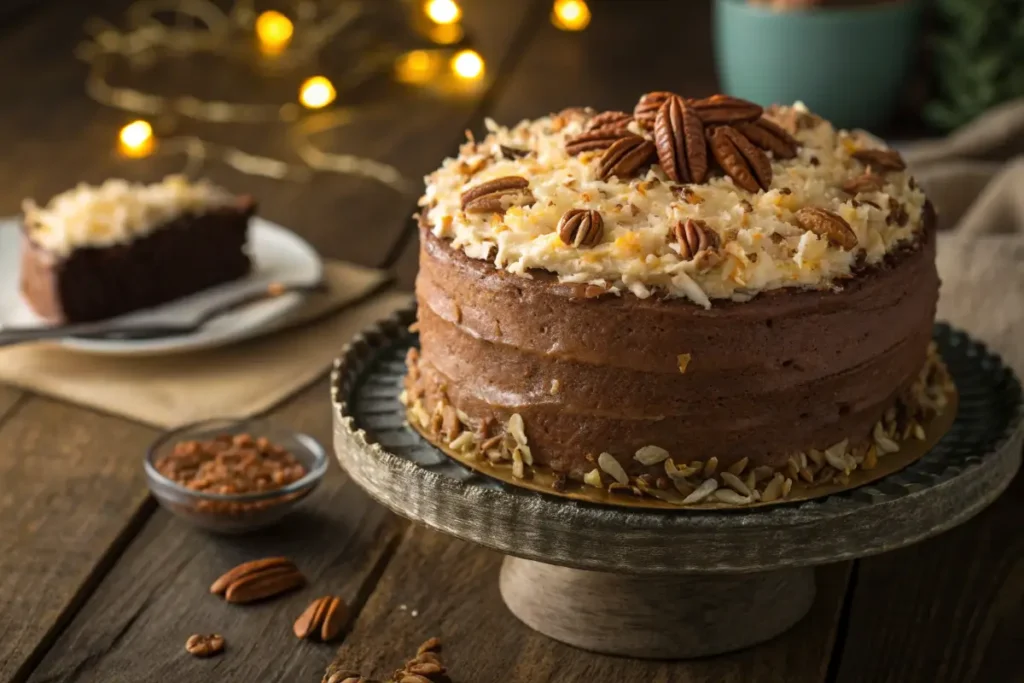 German chocolate cake with enhanced frosting topped with coconut and pecans